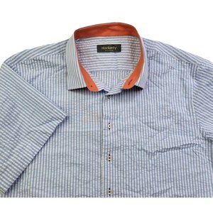 Hockerty Men L Blue White Seersucker Striped Casual Button Shirt Couture Beach